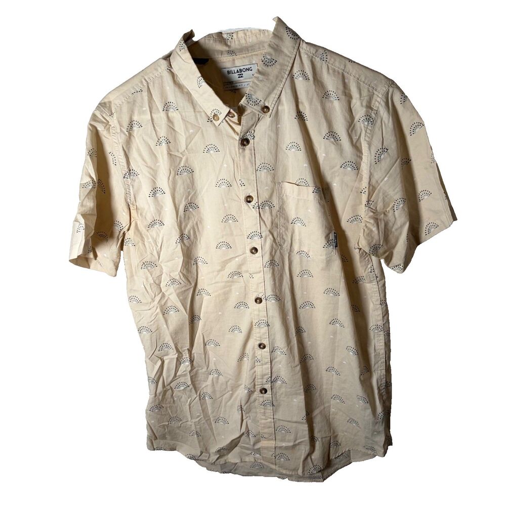 Billabong Shirt Men's Small Beige Printed Button Up Short Sleeve Tailored